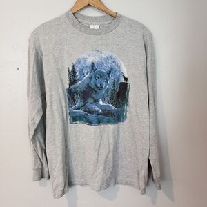 Sun Active Large Grey Long Sleeve T-shirt Howling Wolf Graphic 100% Cotton Shirt